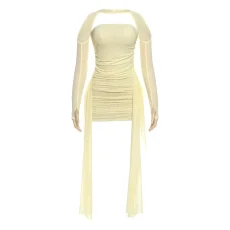 Solid Color Long Sleeve Pleated Mini Dress Suit(With Silk Scarf) DLSF-K25S74947