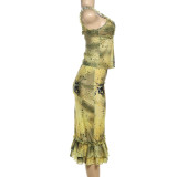 V Neck Print Two Piece Skirts Set DLSF-K25S74680