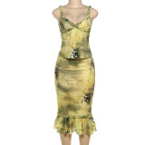 V Neck Print Two Piece Skirts Set DLSF-K25S74680
