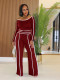 One Shoulder Patchwork Long Sleeve Pants Suit NY-9191