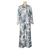 Print Long Sleeve Shirt Two Piece Pant Set AIL-329
