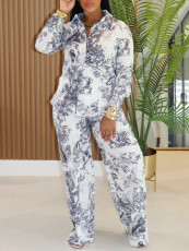 Print Long Sleeve Shirt Two Piece Pant Set AIL-329