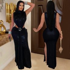 Sexy High Collar Sleeveless Split Maxi Dress BY-7476
