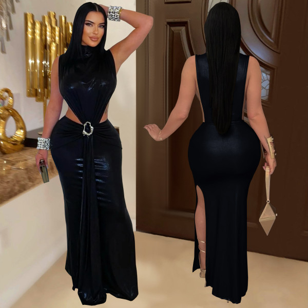 Sexy High Collar Sleeveless Split Maxi Dress BY-7476