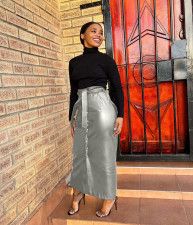 Split Half PU Leather Skirt(With Belt) QODY-6005
