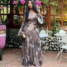 Print Long Sleeve Pleated Maxi Dress GCNE-72764
