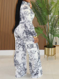 Print Long Sleeve Shirt Two Piece Pant Set AIL-329