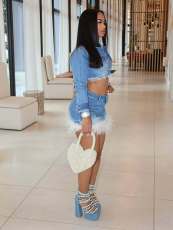 Long Sleeve Feather Patchwork Denim Skirt Suit MEM-MZ88658
