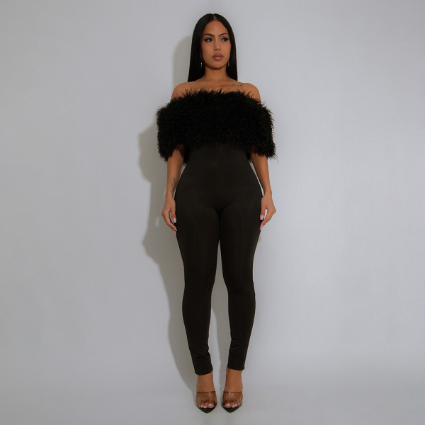 One Shoulder Fur Patchwork Jumpsuit CYA-901986