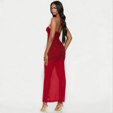 Solid Color Wrap Chest Hot Drill Maxi Dress CYA-901960