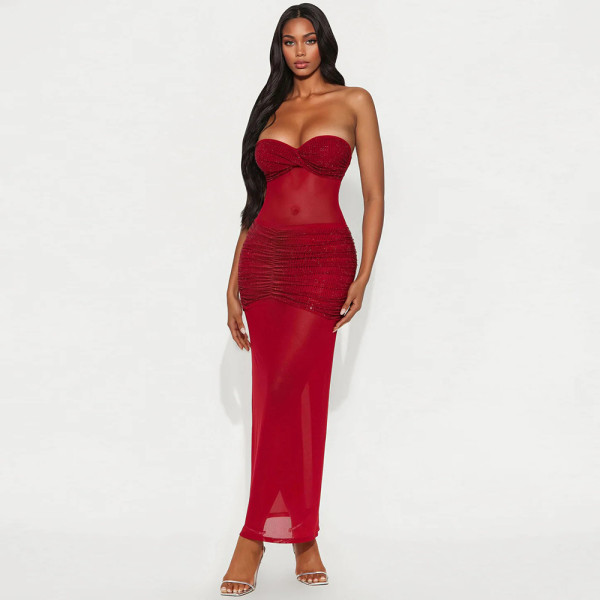 Solid Color Wrap Chest Hot Drill Maxi Dress CYA-901960
