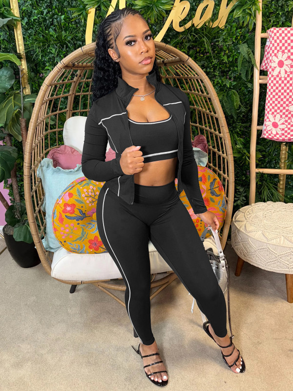 Fashion Vest Long Sleeve Zipper Coat Tight Pants 3 Piece Set CH-25038