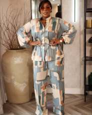 Plus Size Print Drawstring Two Piece Pants Set NY-3716