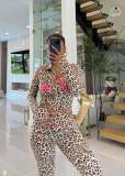 Letter Leopard Print Long Sleeve Pants Suit YD-8826