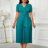 Plus Size Solid Color Short Sleeve Pleated Midi Dress GATE-593