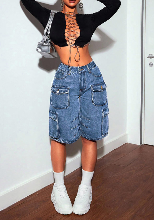 Fashion Loose Multi-pockets Denim Shorts GKNF-1385