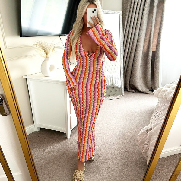 V Neck Long Sleeve Stripe Maxi Dress GNZD-32544DBY