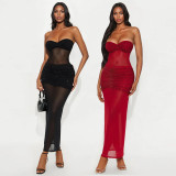 Solid Color Wrap Chest Hot Drill Maxi Dress CYA-901960