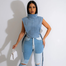 Tie Up Stand Collar Denim Vest Tops GYHF-9189TD