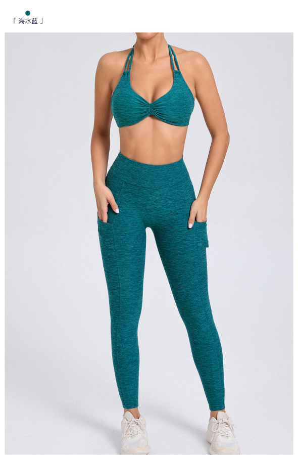 Halterneck Solid Tops Sport Yoga Pants Suit GQSA-74068/46442