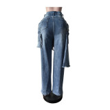 Fashion Apron Ripped Straight-Leg Jeans MEM-88661