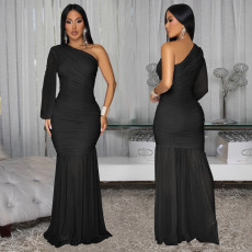Single Shoulder Long Sleeve Mesh Maxi Dress BY-7500
