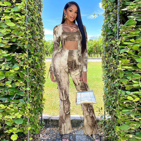 Print Long Sleeve T Shirt Two Piece Pant Set GYHF-9638SD
