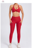 Halterneck Solid Tops Sport Yoga Pants Suit GQSA-74068/46442