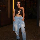 Fashion Apron Ripped Straight-Leg Jeans MEM-88661