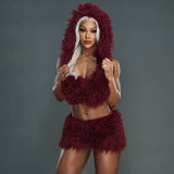 Deep V-neck Hooded Strapless Skirt Fur Set MXBF-J25ST219