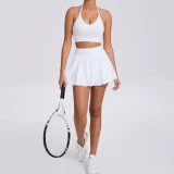 Sport Solid Halterneck Tank Tops Pleated Skirts Set GQSA-9904