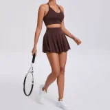 Sport Solid Halterneck Tank Tops Pleated Skirts Set GQSA-9904