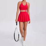 Sport Solid Halterneck Tank Tops Pleated Skirts Set GQSA-9904
