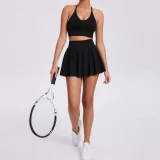 Sport Solid Halterneck Tank Tops Pleated Skirts Set GQSA-9904