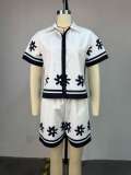 Lapel Color Block Shirt Shorts 2 Piece Set GCNE-72843