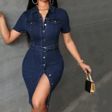 Retro Breasted Denim Midi Dress GDAM-218733