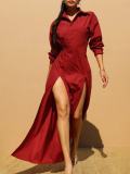 V Neck Solid Color Split Shirt Dress GFDY-1359