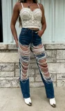 Chain Bead Hollow Out Straight Leg Jeans YUMT-YMT323