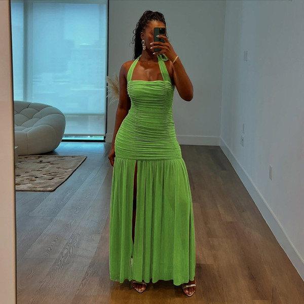 Pleated Halterneck Backless Maxi Dress DLSF-K25D79428