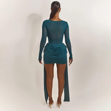 Solid Color Long Sleeve Mesh Mini Dress GSZM-C25DS246