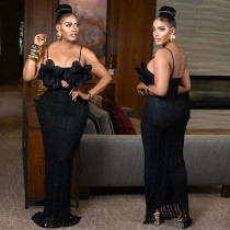 Lace Chest Flower Backless Suspender Maxi Dress BY-7513