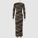 Long Sleeve Knits Split Maxi Dress GFRT-42169DBG