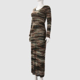 Long Sleeve Knits Split Maxi Dress GFRT-42169DBG