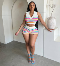Stripe Print Lapel Knits Two Piece Shorts Set QXTF-83036