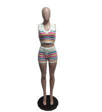 Stripe Print Lapel Knits Two Piece Shorts Set QXTF-83036