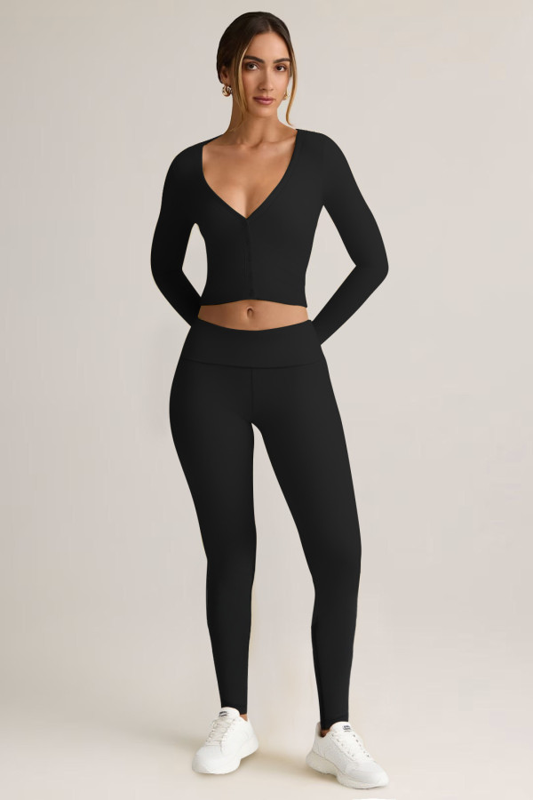 V Neck Long Sleeve Solid Two Piece Pants Set GXYF-0483