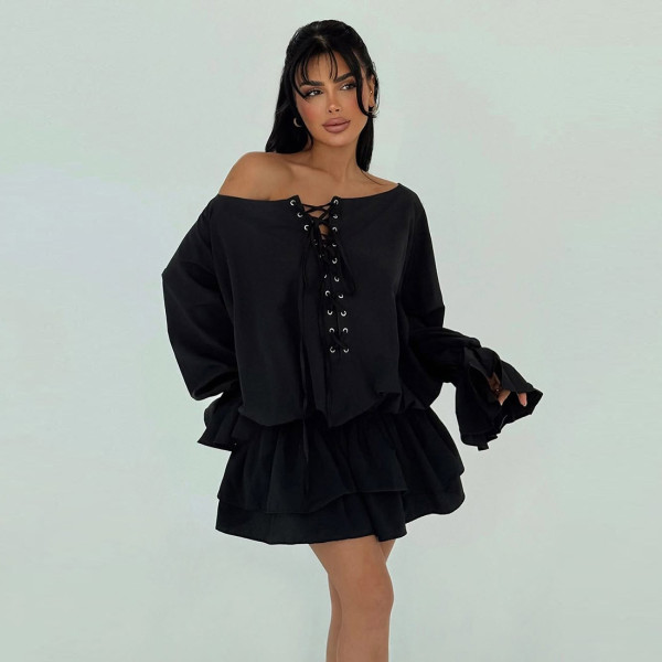 One Shoulder Solid Color Flare Sleeve Mini Dress GYME-K25D76712