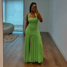 Halterneck Pleated Solid Maxi Dress GSLF-K25D79428