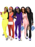 Solid Color Zipper Tops Micro Flare Pant Suit(With Headscarf) CH-25053