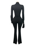 Solid Color Zipper Tops Micro Flare Pant Suit(With Headscarf) CH-25053